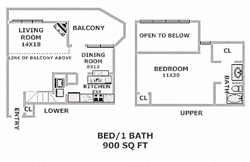Floor plan for 1 bed, 1 bath, 900 sqft